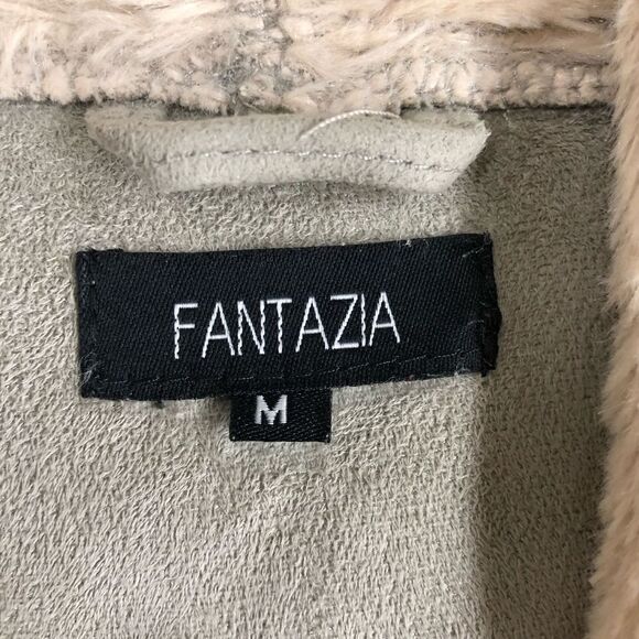Fantazia Taupe Faux Suede & Cream Faux Fur‎ Lined Cardigan Open Jacket Sz M - Picture 9 of 10
